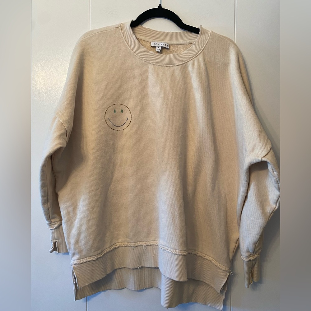 MIOU MUSE- Beige Smiley Face Sweatshirt